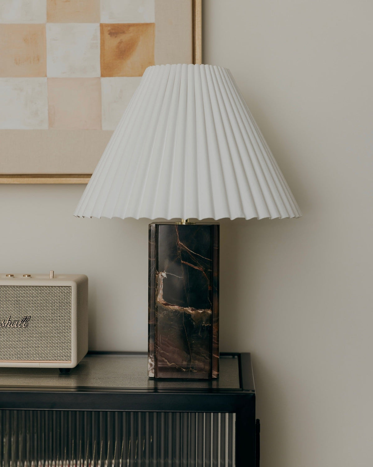 Bianca Marble Table Lamp – Red-Brown Marble, Gold Metal & Pleated Fabric Accent Light