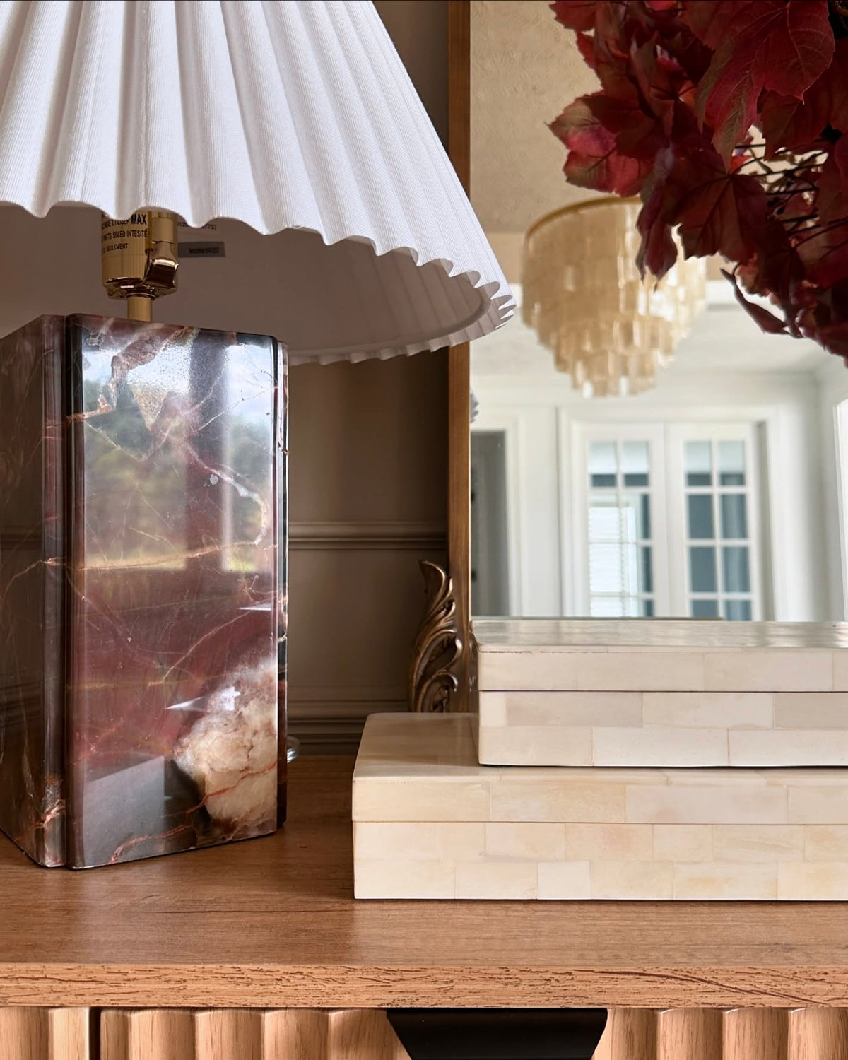 Bianca Marble Table Lamp – Red-Brown Marble, Gold Metal & Pleated Fabric Accent Light