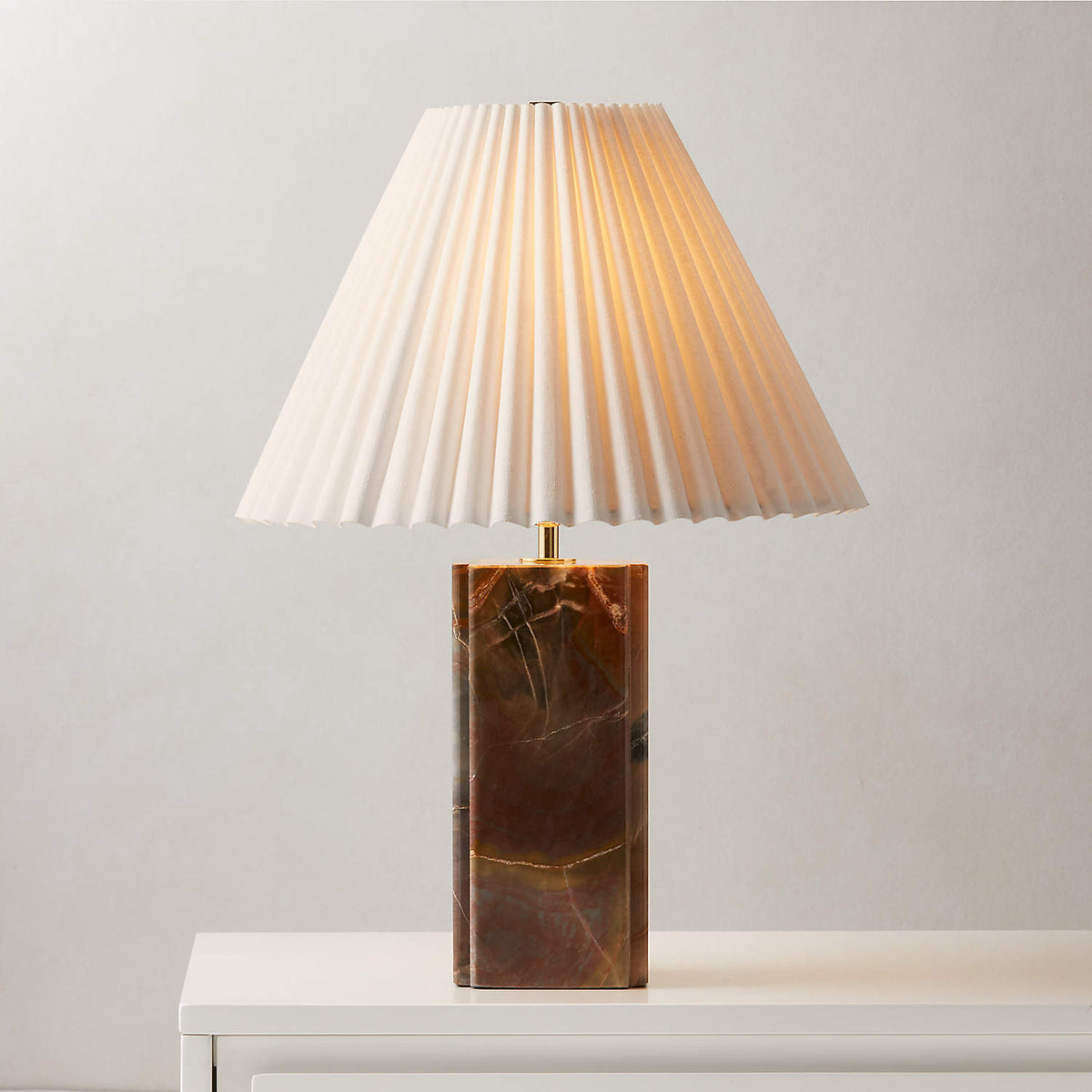 Bianca Marble Table Lamp – Red-Brown Marble, Gold Metal & Pleated Fabric Accent Light
