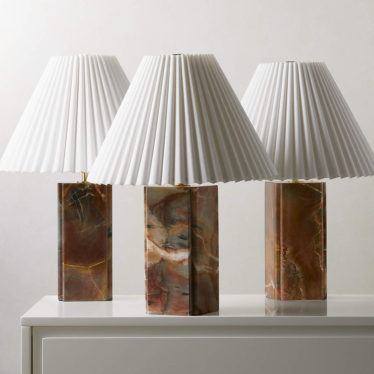 Bianca Marble Table Lamp – Red-Brown Marble, Gold Metal & Pleated Fabric Accent Light