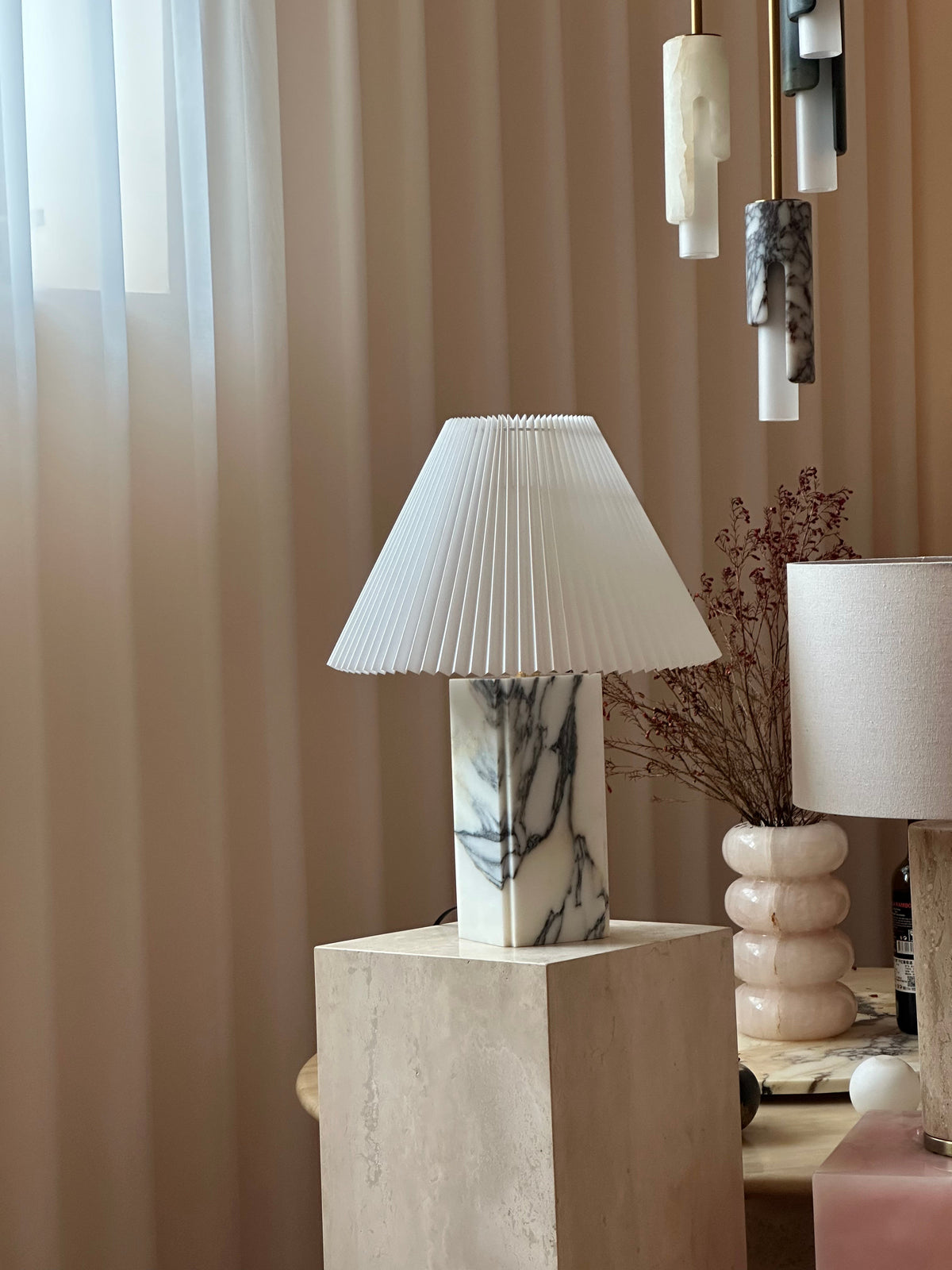 Bianca Marble Table Lamp – Red-Brown Marble, Gold Metal & Pleated Fabric Accent Light