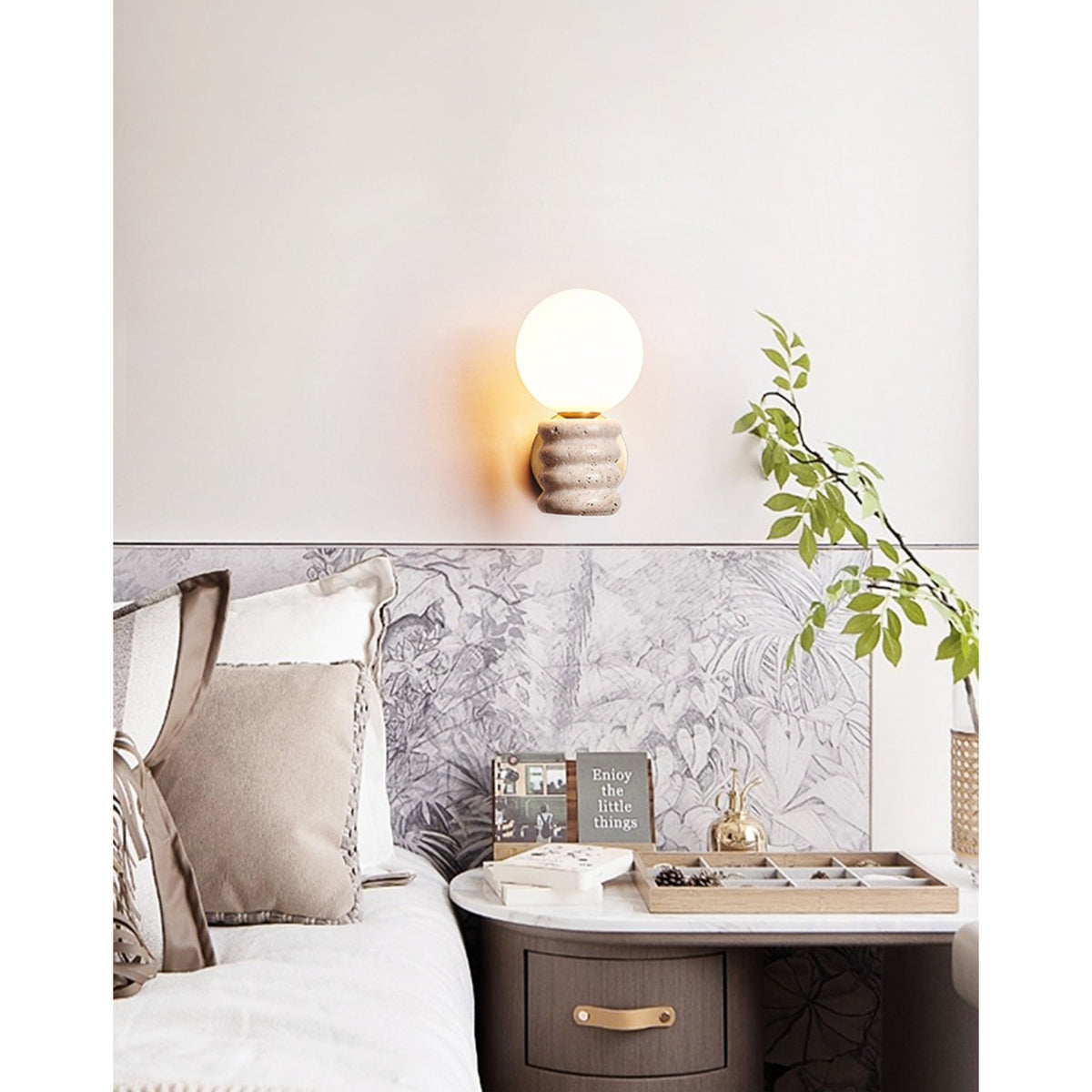 Bibi Wall Lamp – Natural Travertine Stone & Glass Globe Wall Sconce