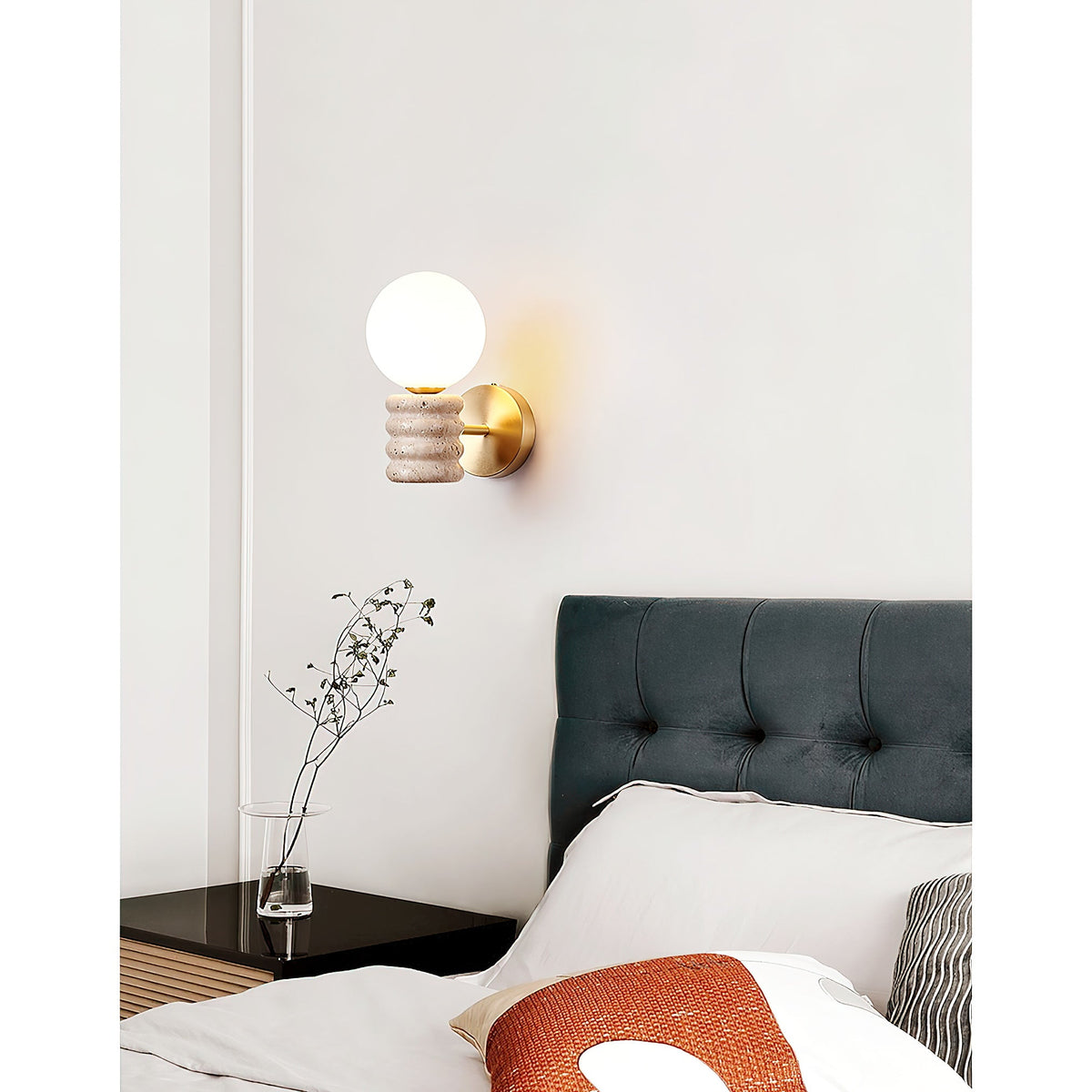 Bibi Wall Lamp – Natural Travertine Stone & Glass Globe Wall Sconce