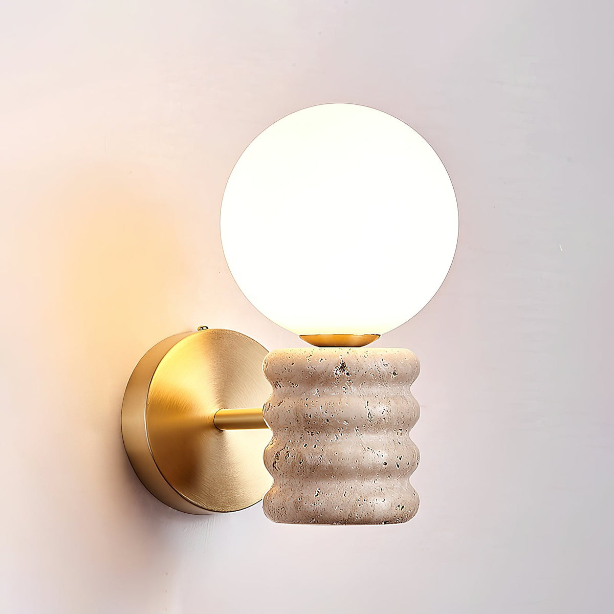 Bibi Wall Lamp – Natural Travertine Stone & Glass Globe Wall Sconce