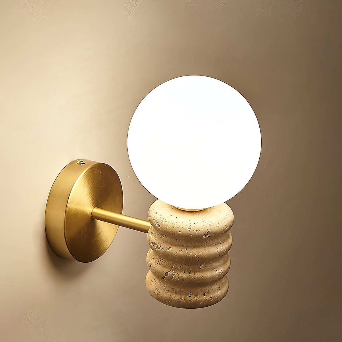 Bibi Wall Lamp – Natural Travertine Stone & Glass Globe Wall Sconce