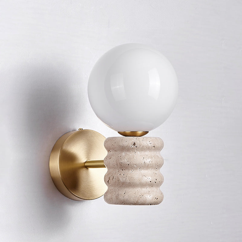 Bibi Wall Lamp – Natural Travertine Stone & Glass Globe Wall Sconce