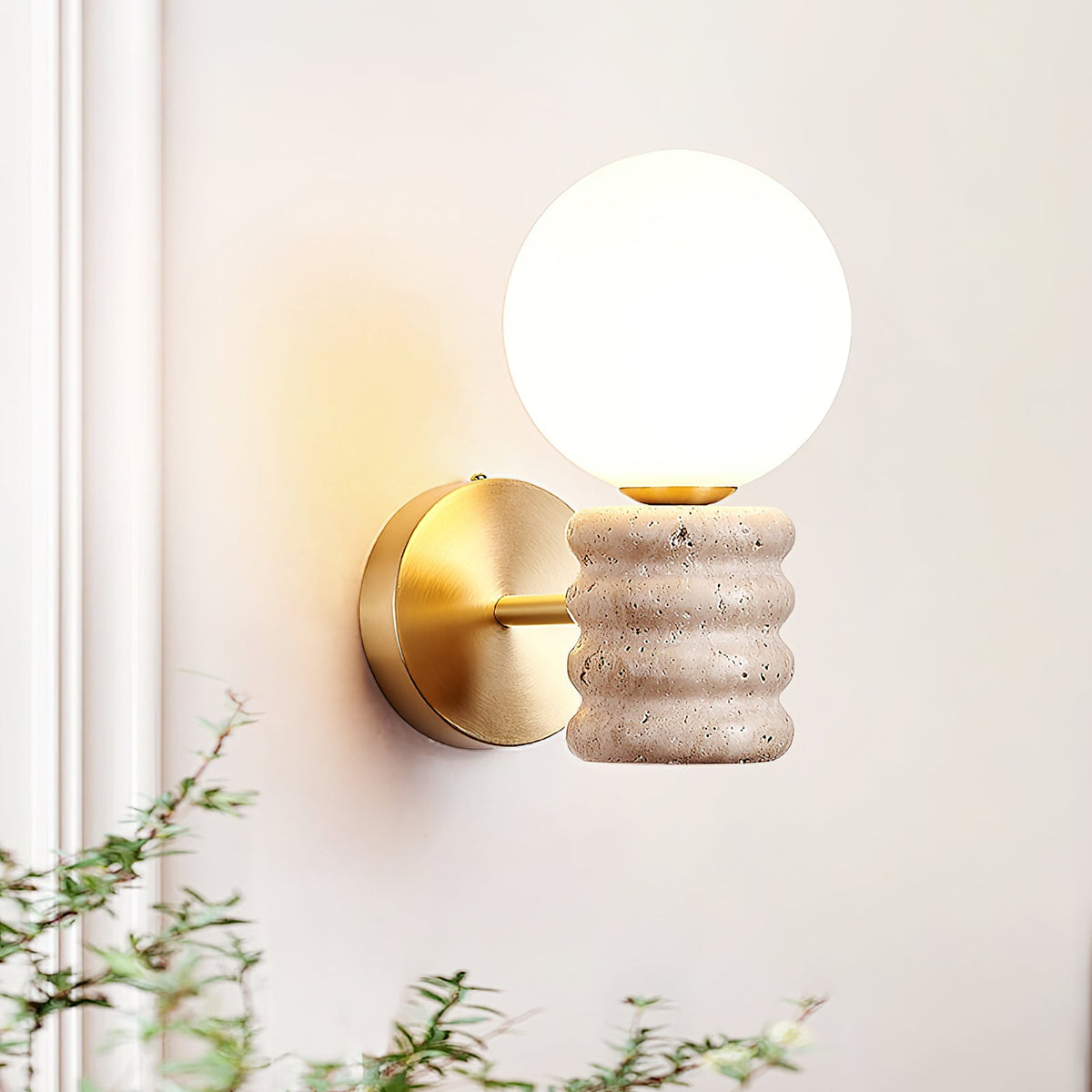 Bibi Wall Lamp – Natural Travertine Stone & Glass Globe Wall Sconce