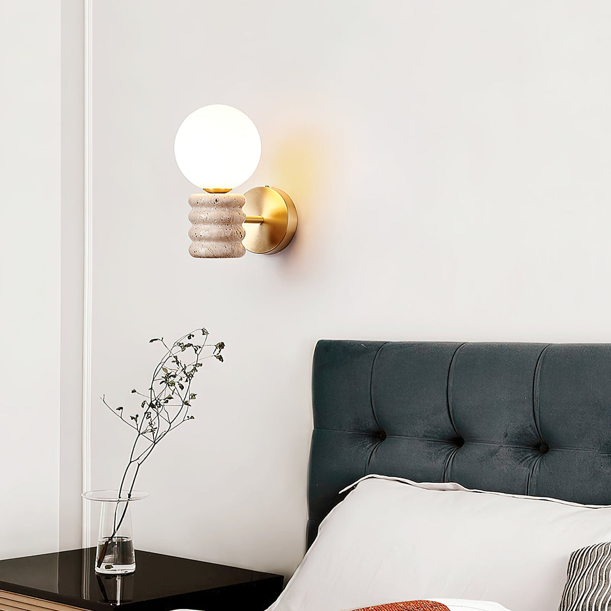 Bibi Wall Lamp – Natural Travertine Stone & Glass Globe Wall Sconce