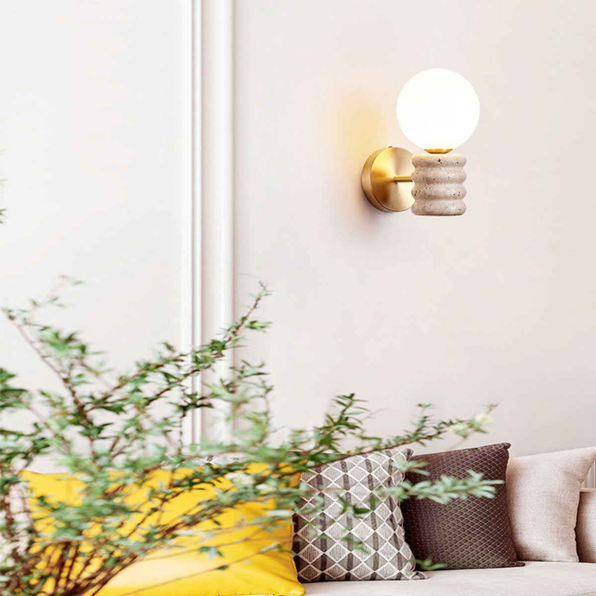 Bibi Wall Lamp – Natural Travertine Stone & Glass Globe Wall Sconce