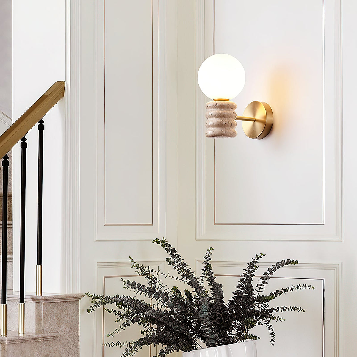Bibi Wall Lamp – Natural Travertine Stone & Glass Globe Wall Sconce