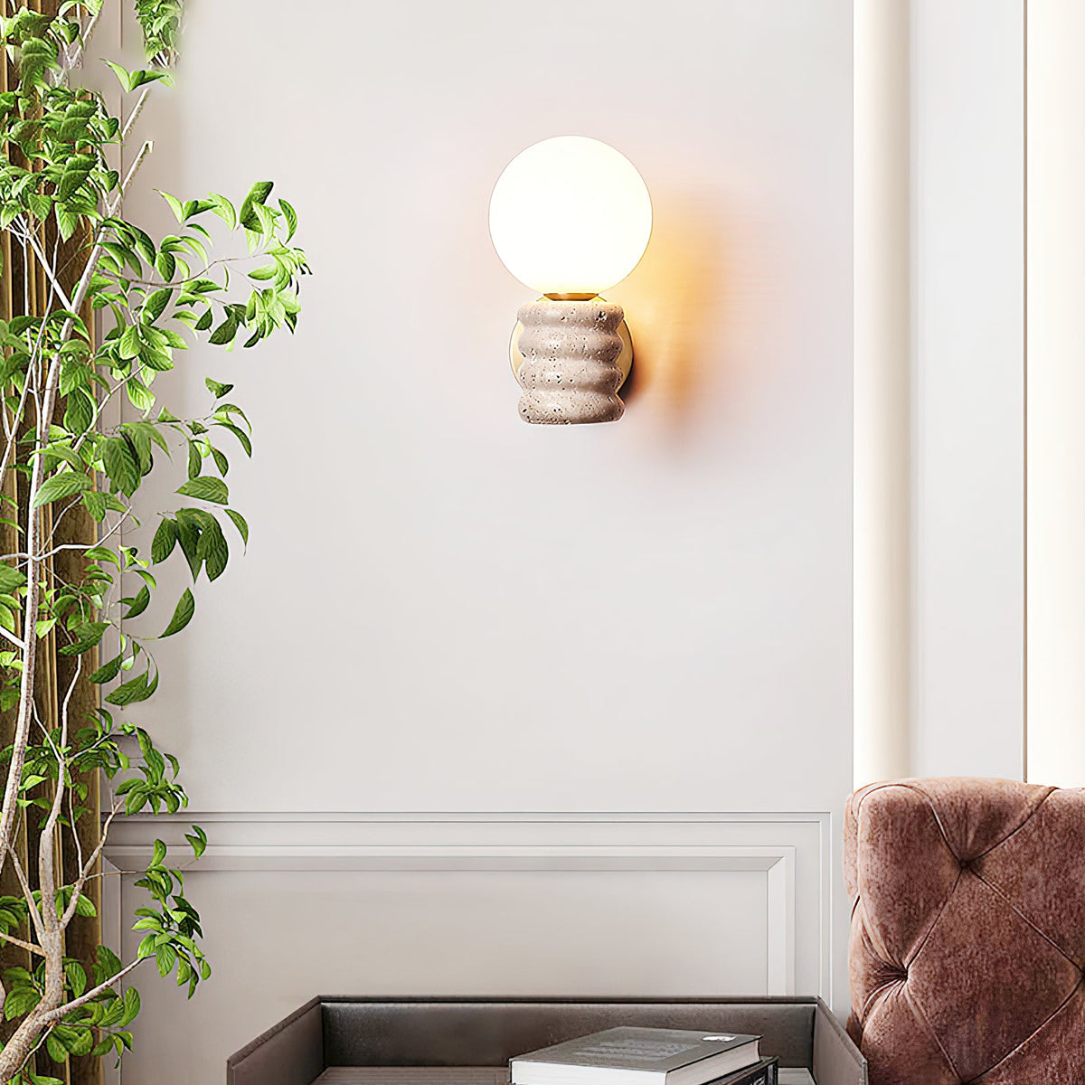 Bibi Wall Lamp – Natural Travertine Stone & Glass Globe Wall Sconce