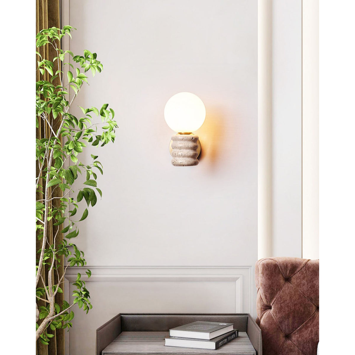 Bibi Wall Lamp – Natural Travertine Stone & Glass Globe Wall Sconce