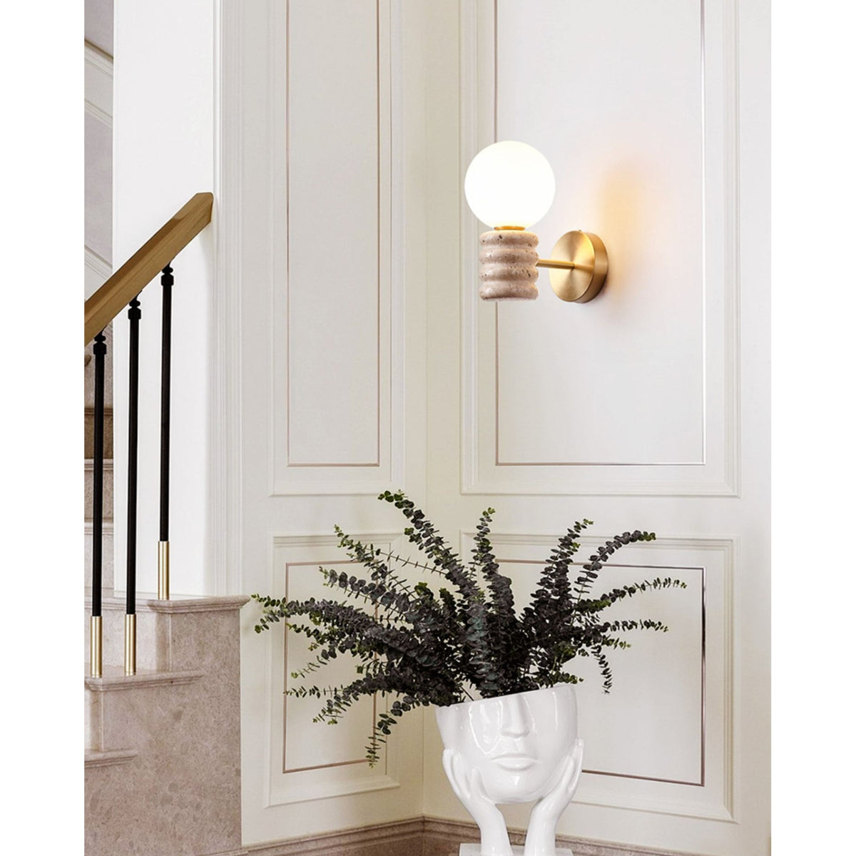 Bibi Wall Lamp – Natural Travertine Stone & Glass Globe Wall Sconce