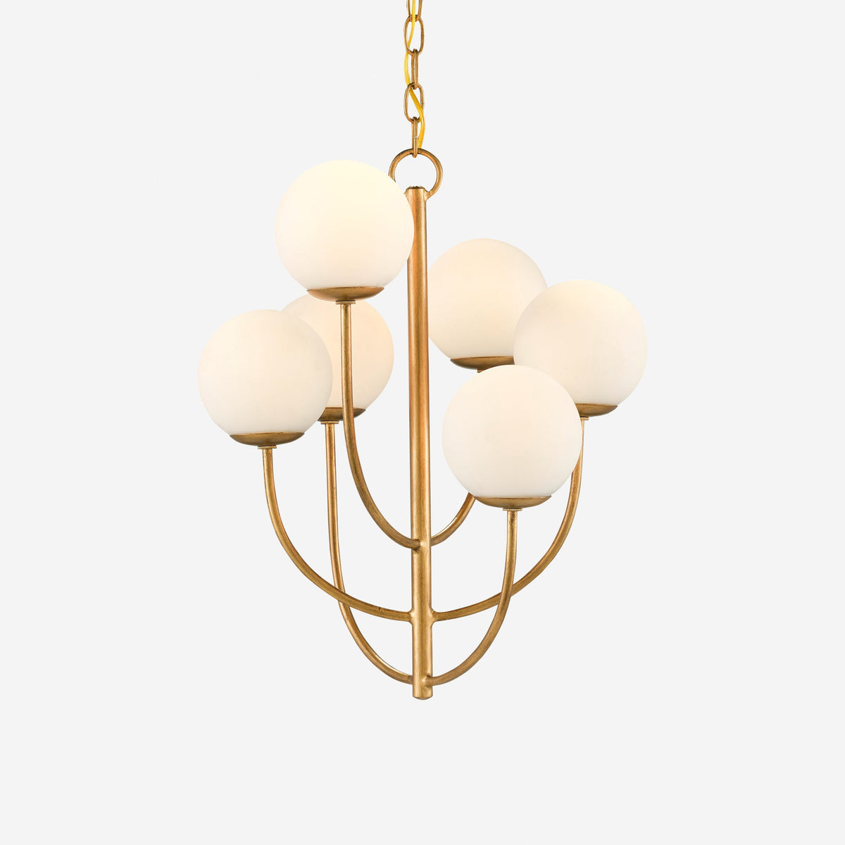 Bijou Chandelier – Mid-Century Brass & White Glass Globe Chandelier