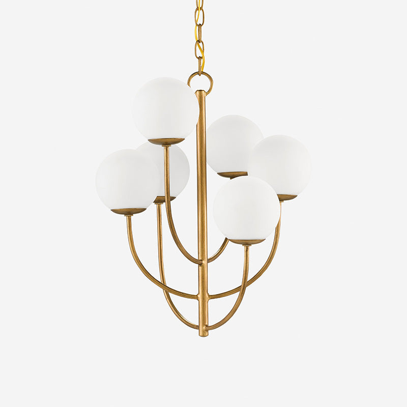 Bijou Chandelier – Mid-Century Brass & White Glass Globe Chandelier