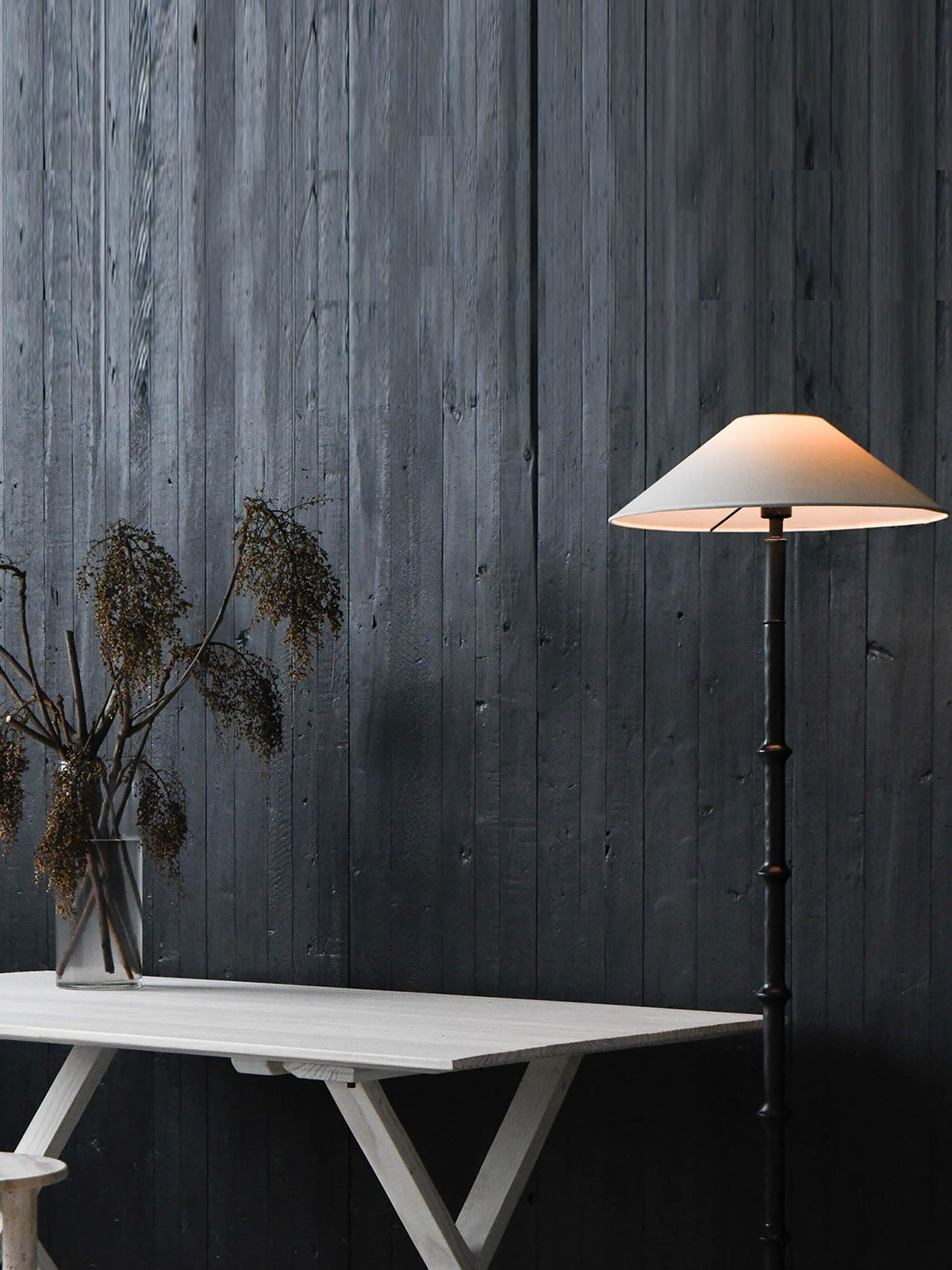 Black Bamboo Floor Lamp – Slender Crackle Finish Resin & Fabric Floor Light