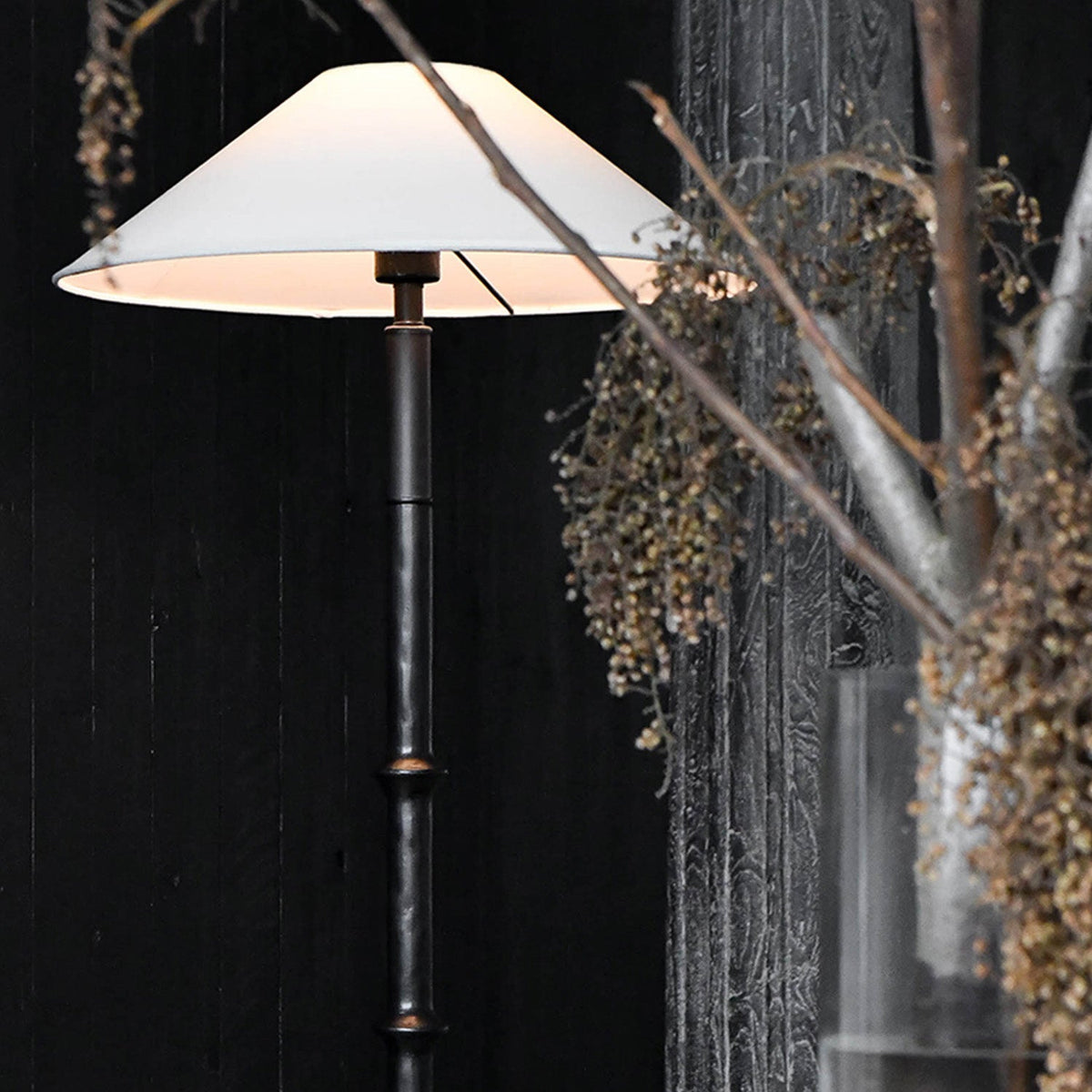 Black Bamboo Floor Lamp – Slender Crackle Finish Resin & Fabric Floor Light