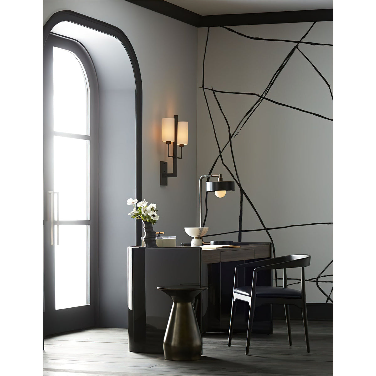 Blade Wall Lamp – Architectural Brass Blade & Dual Linen Cylindrical Wall Sconce