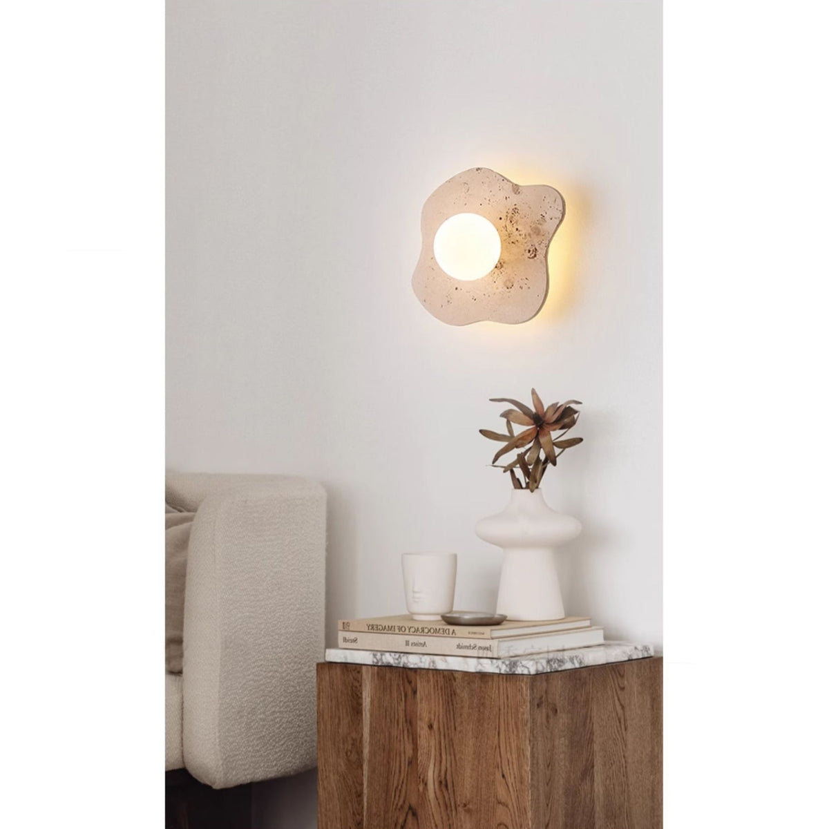 Blob Travertine Wall Lamp – Organic Natural Travertine & Glass Wall Sconce
