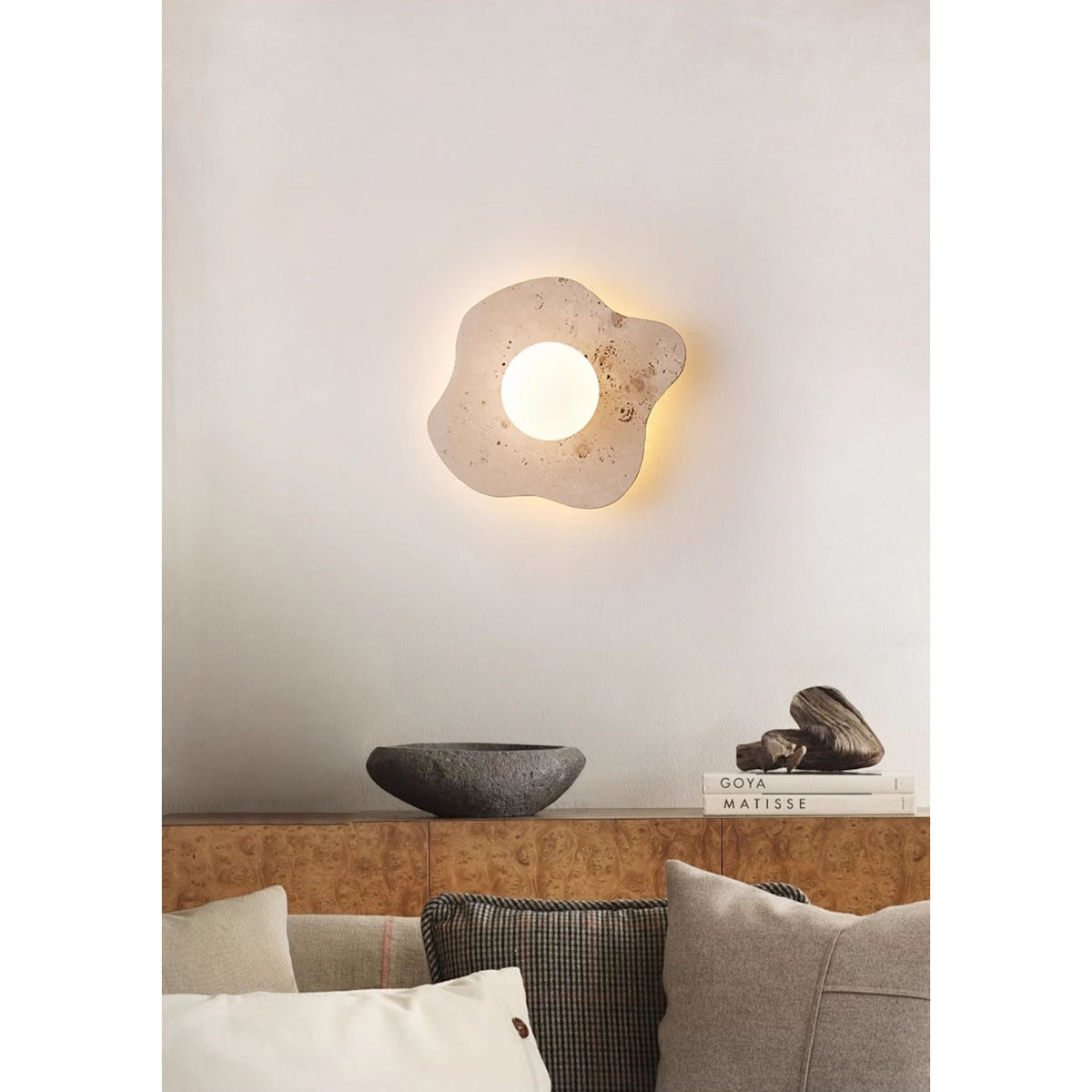 Blob Travertine Wall Lamp – Organic Natural Travertine & Glass Wall Sconce