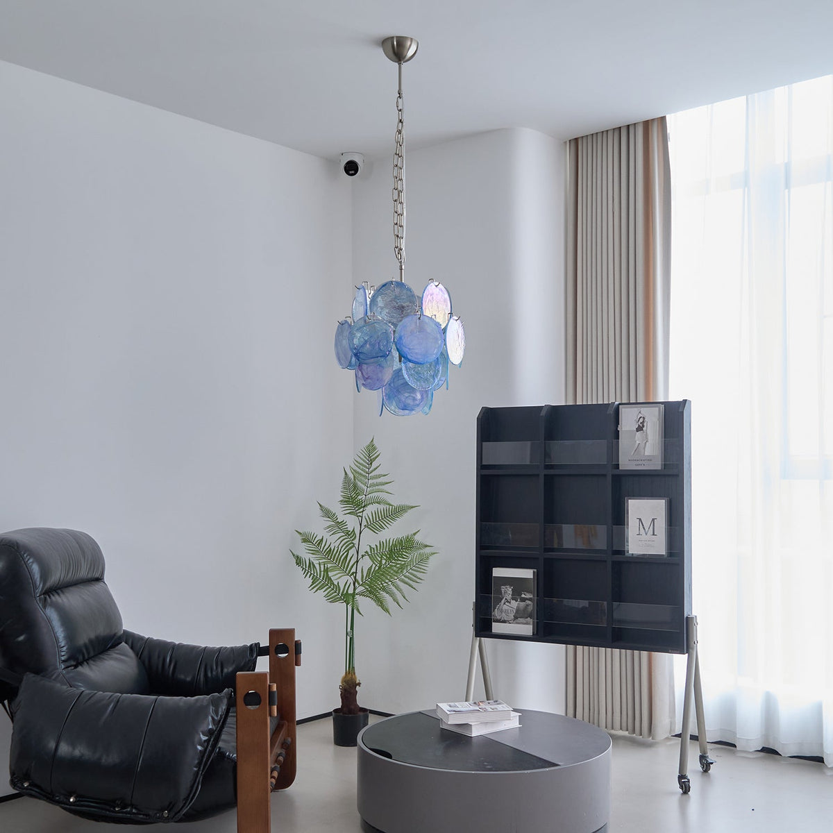 Blue Vistosi Disc Chandelier – Murano Glass Disc & Metal Art Chandelier