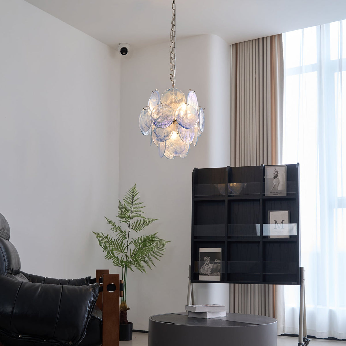 Blue Vistosi Disc Chandelier – Murano Glass Disc & Metal Art Chandelier