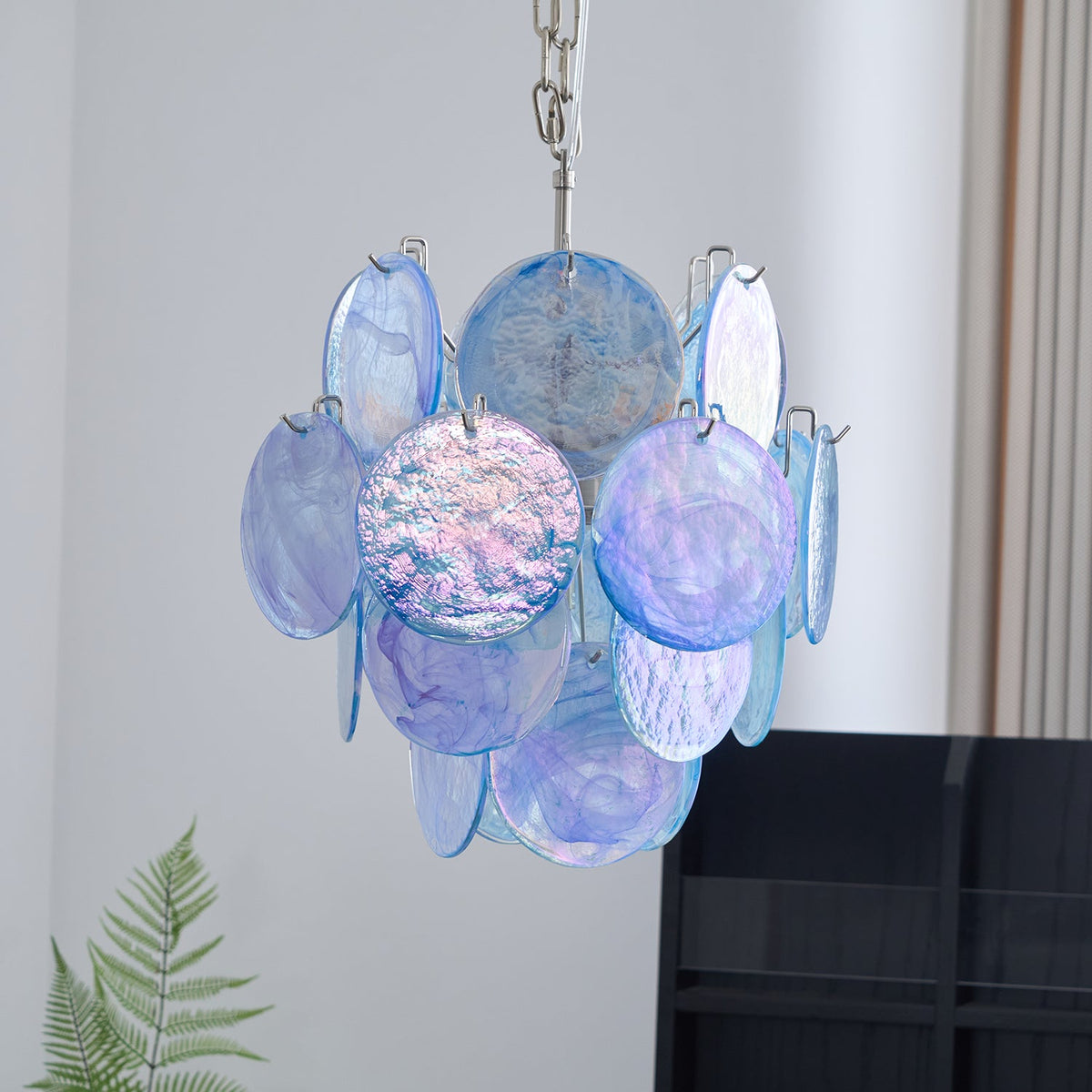 Blue Vistosi Disc Chandelier – Murano Glass Disc & Metal Art Chandelier
