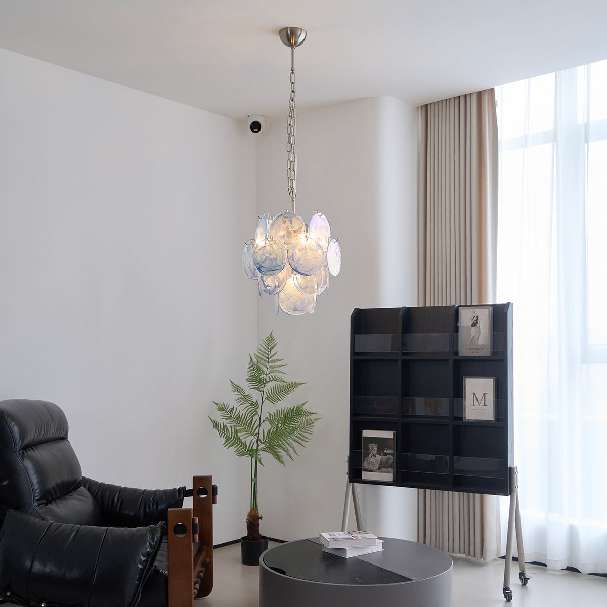 Blue Vistosi Disc Chandelier – Murano Glass Disc & Metal Art Chandelier