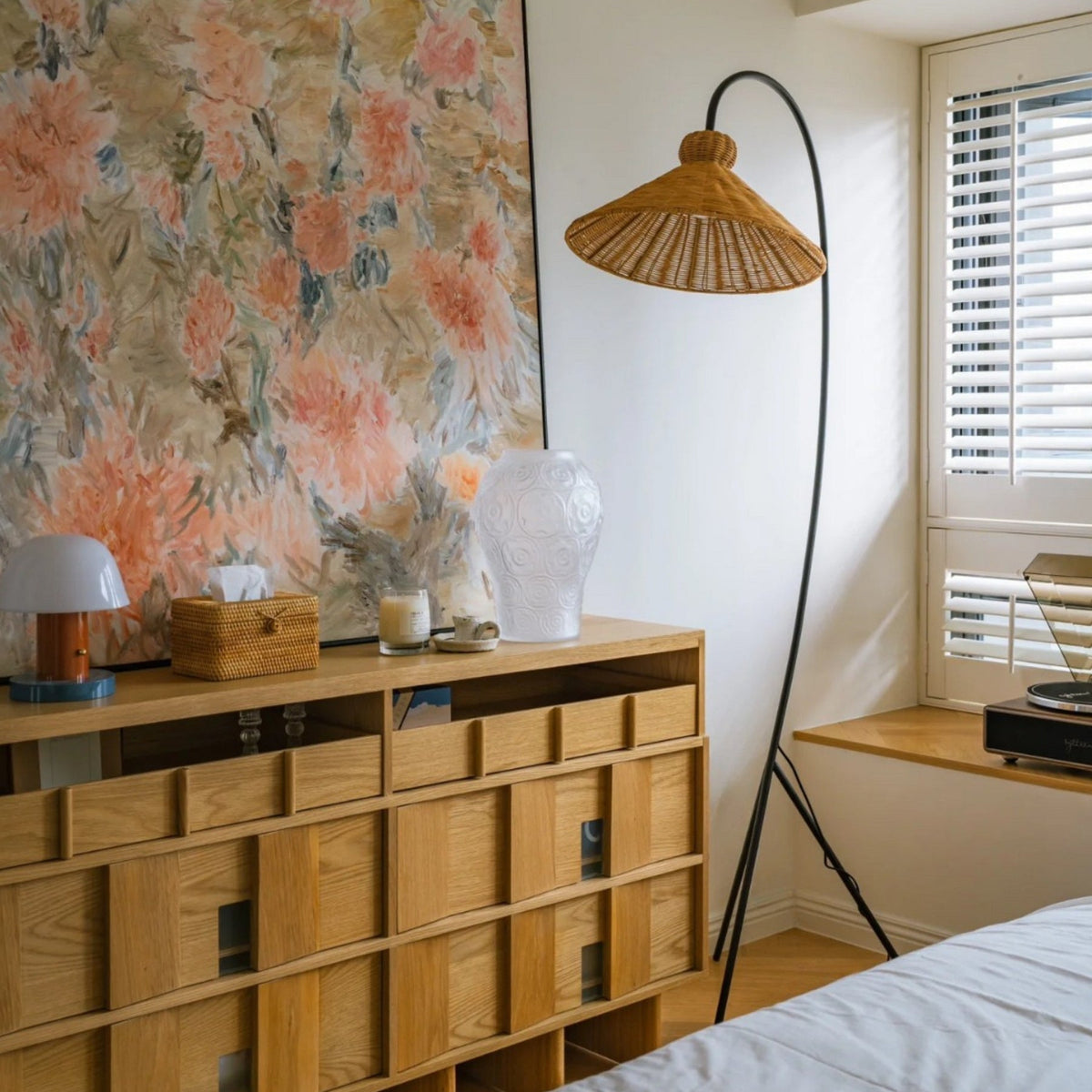 Boa Rattan Floor Lamp – Sleek Metal & Woven Natural Rattan Arched Floor Light