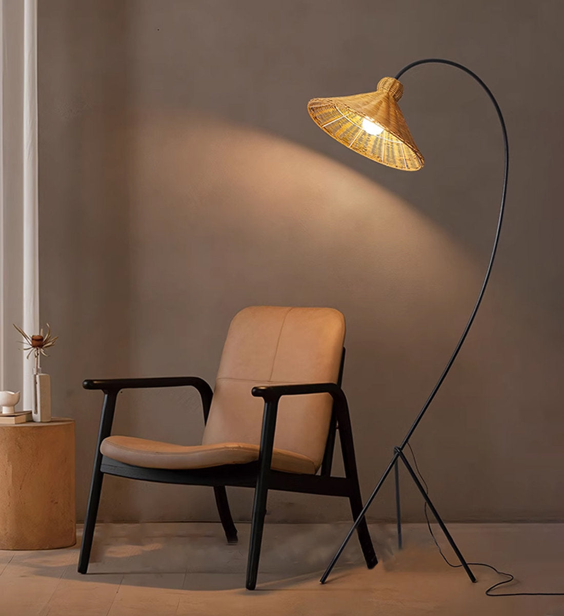 Boa Rattan Floor Lamp – Sleek Metal & Woven Natural Rattan Arched Floor Light