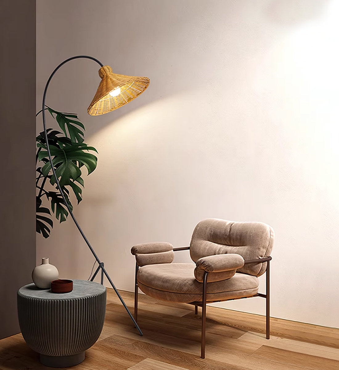 Boa Rattan Floor Lamp – Sleek Metal & Woven Natural Rattan Arched Floor Light