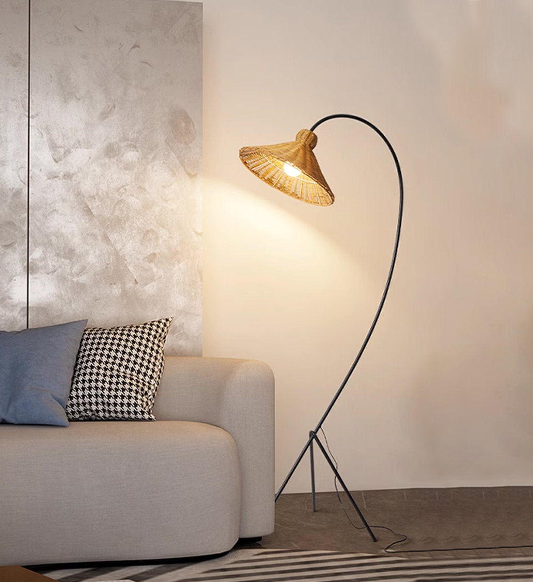 Boa Rattan Floor Lamp – Sleek Metal & Woven Natural Rattan Arched Floor Light
