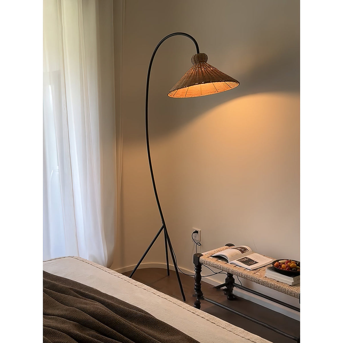 Boa Rattan Floor Lamp – Sleek Metal & Woven Natural Rattan Arched Floor Light