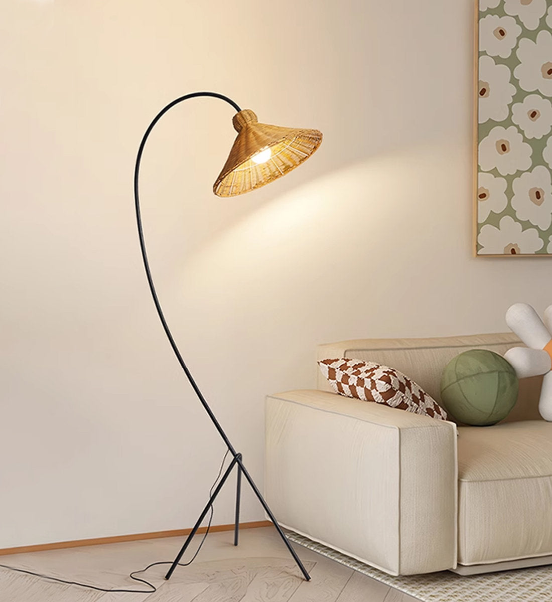 Boa Rattan Floor Lamp – Sleek Metal & Woven Natural Rattan Arched Floor Light