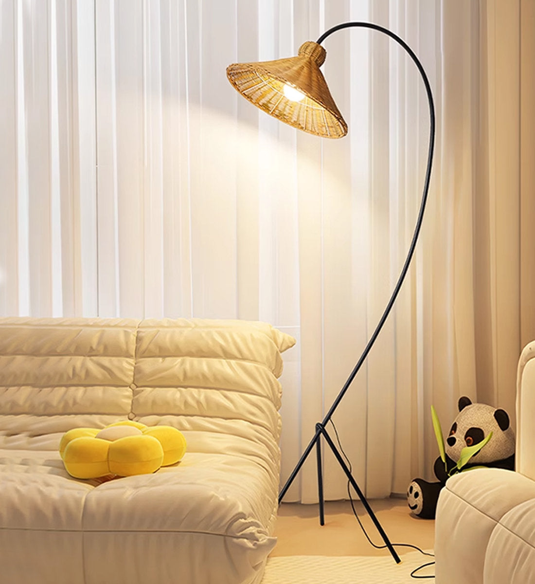 Boa Rattan Floor Lamp – Sleek Metal & Woven Natural Rattan Arched Floor Light