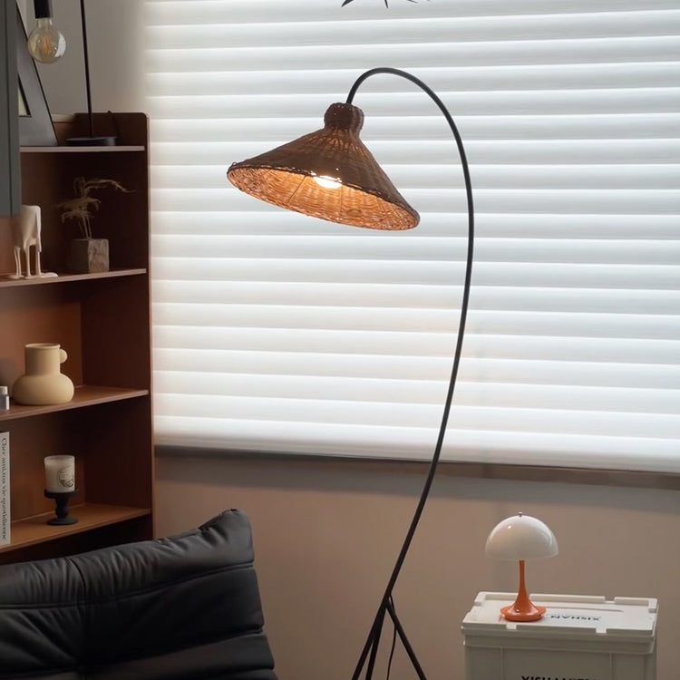 Boa Rattan Floor Lamp – Sleek Metal & Woven Natural Rattan Arched Floor Light
