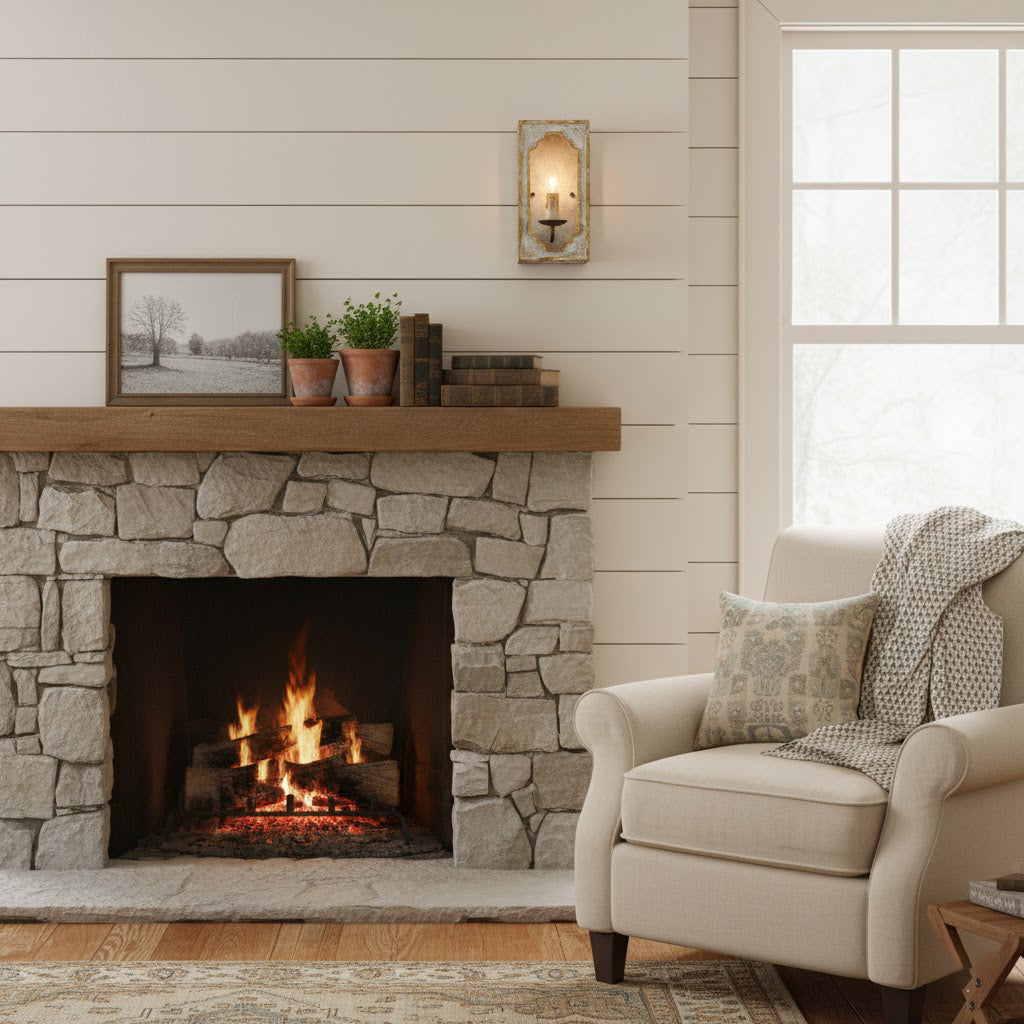 Boho Rustic Cube Sconce – Weathered Wood & Metal Candelabra Wall Light