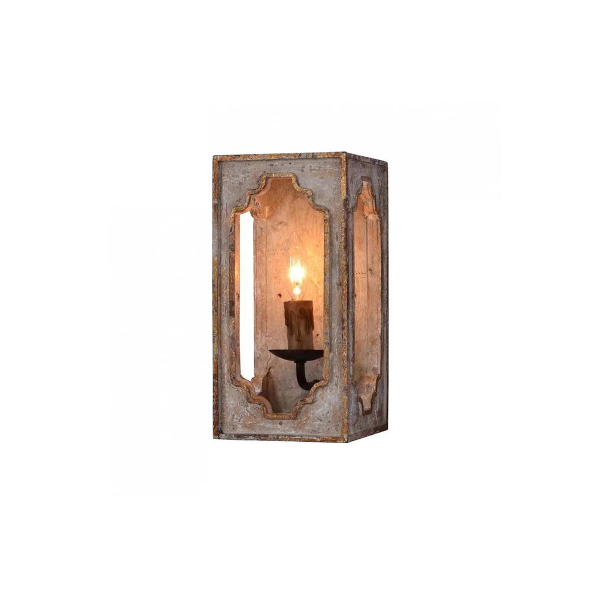 Boho Rustic Cube Sconce – Weathered Wood & Metal Candelabra Wall Light