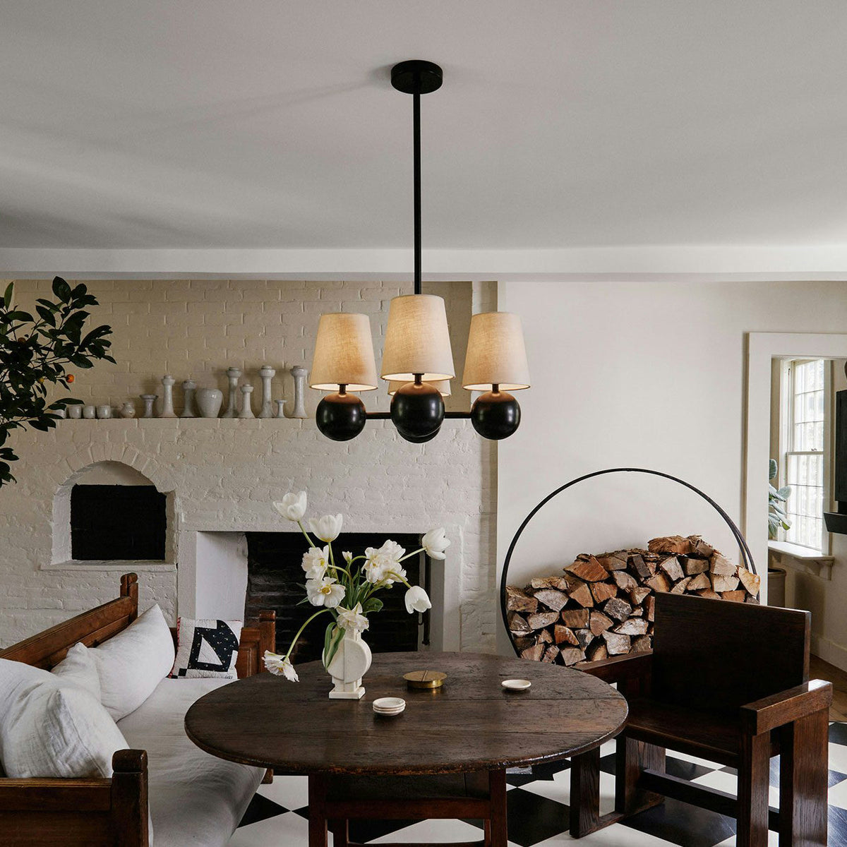 Bole Chandelier – 4-Head Brass & Hovering Fabric Sphere Chandelier