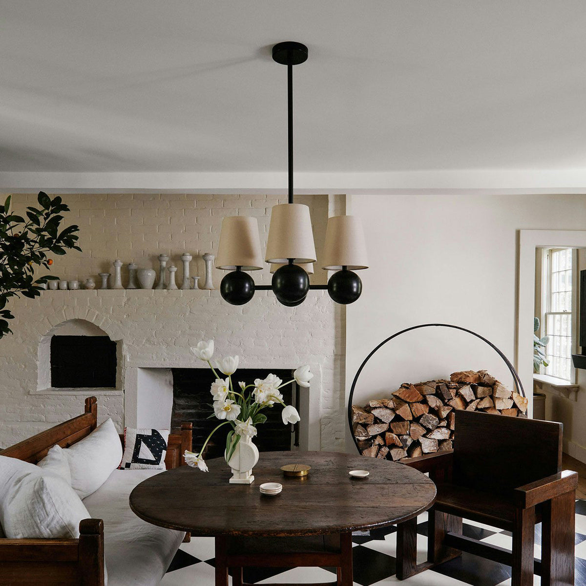 Bole Chandelier – 4-Head Brass & Hovering Fabric Sphere Chandelier