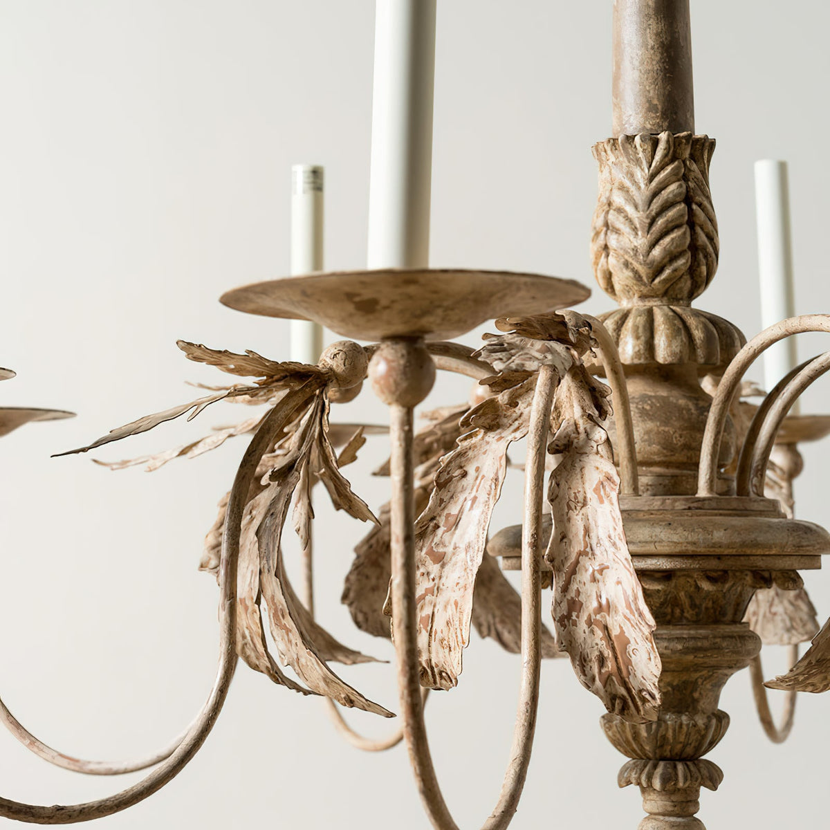 Bonbon Short Chandelier – Carved Antique Wood & Metal Arm Hospitality Chandelier