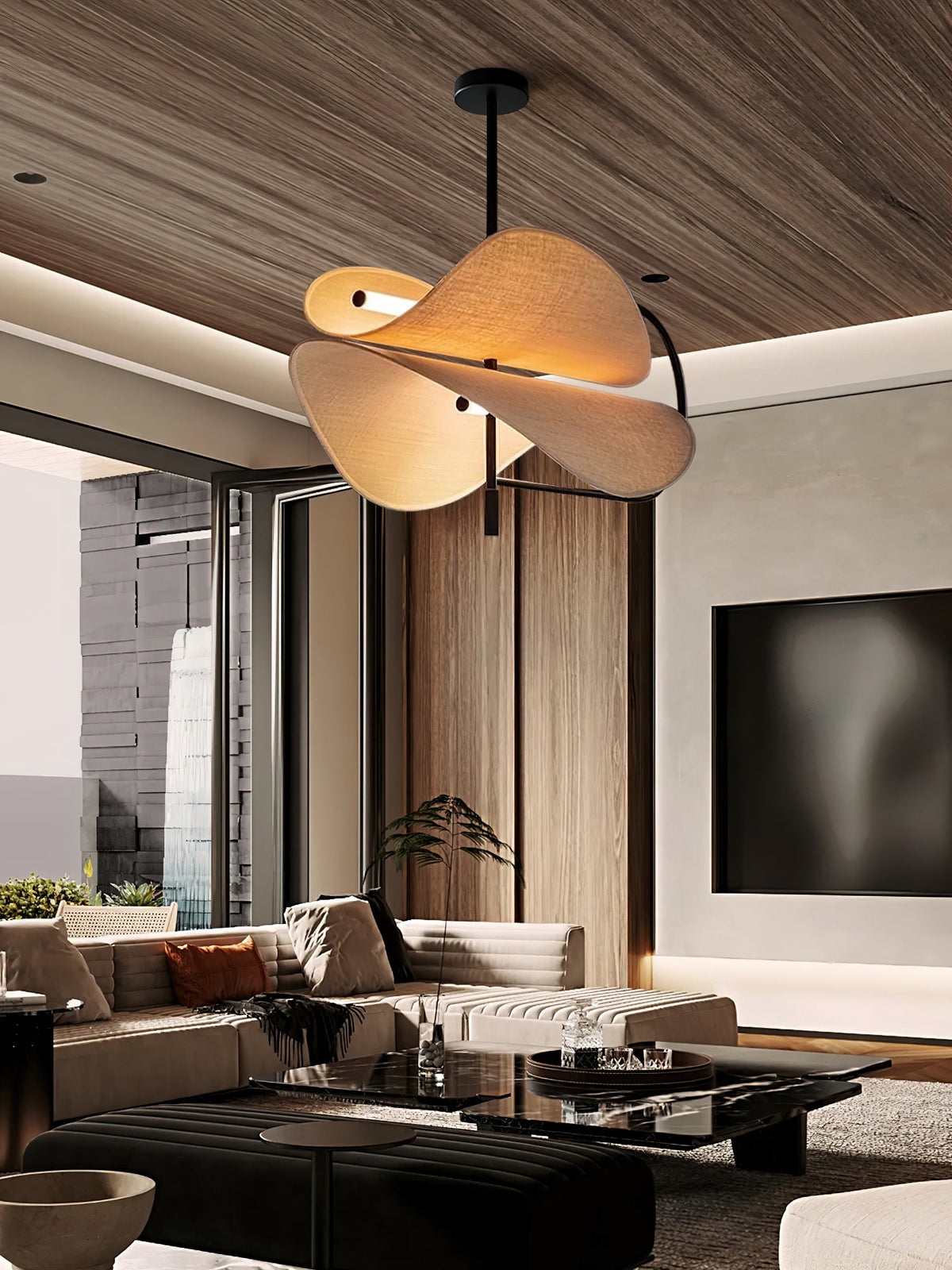 Bonnie Pendant Light – Saffron-Inspired Organic Fabric & Integrated LED Chandelier