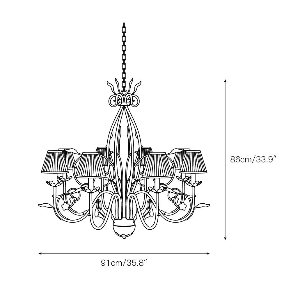 Bordeaux Chandelier – Elaborate 8-Head Pleated Shade & Brass Leaf Chandelier