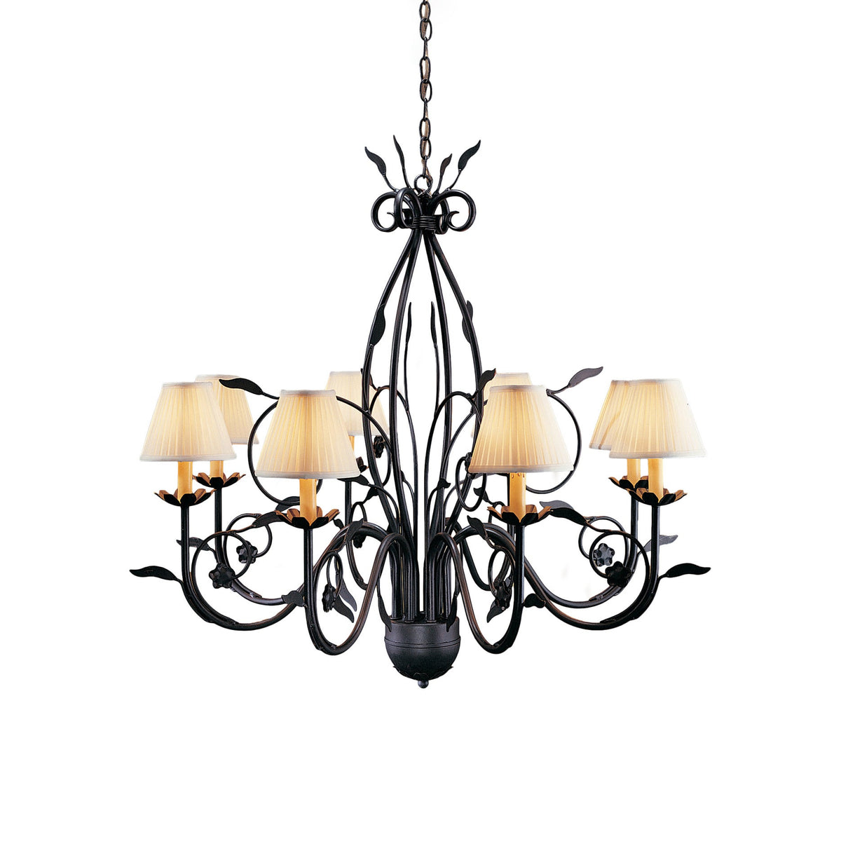 Bordeaux Chandelier – Elaborate 8-Head Pleated Shade & Brass Leaf Chandelier