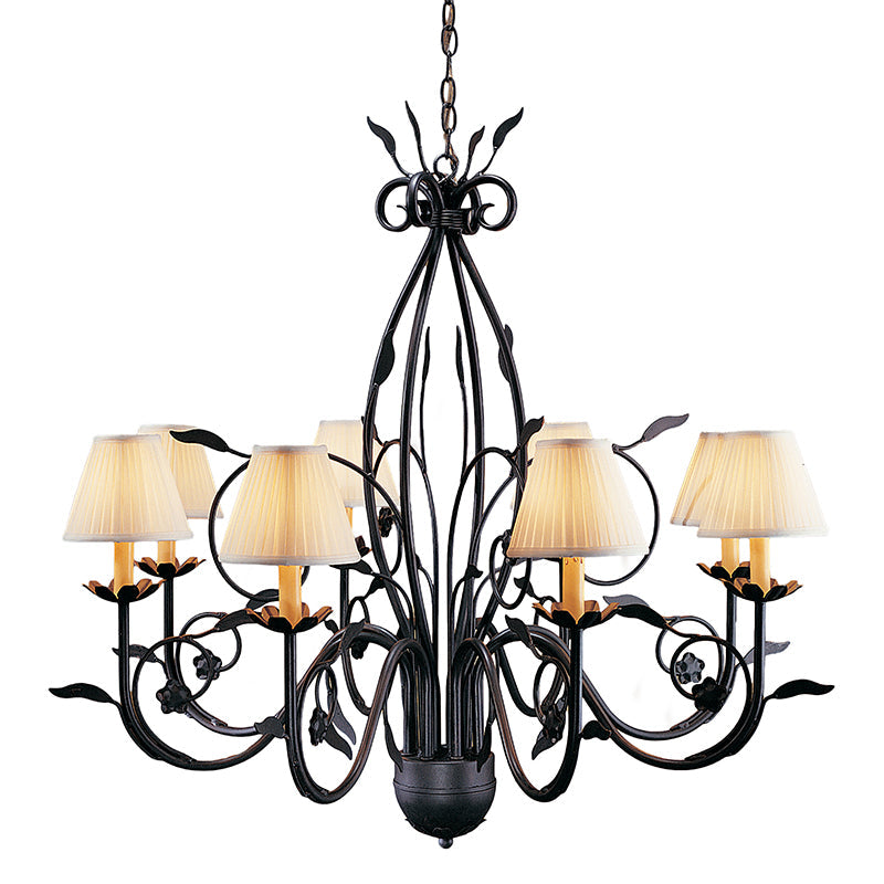 Bordeaux Chandelier – Elaborate 8-Head Pleated Shade & Brass Leaf Chandelier