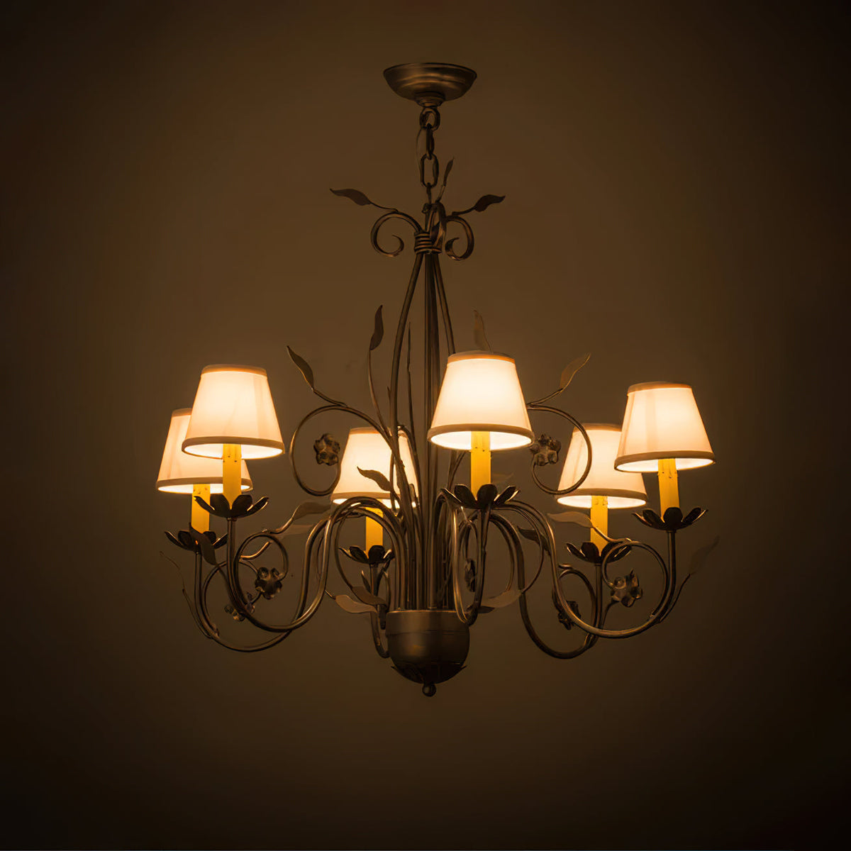 Bordeaux Chandelier – Elaborate 8-Head Pleated Shade & Brass Leaf Chandelier