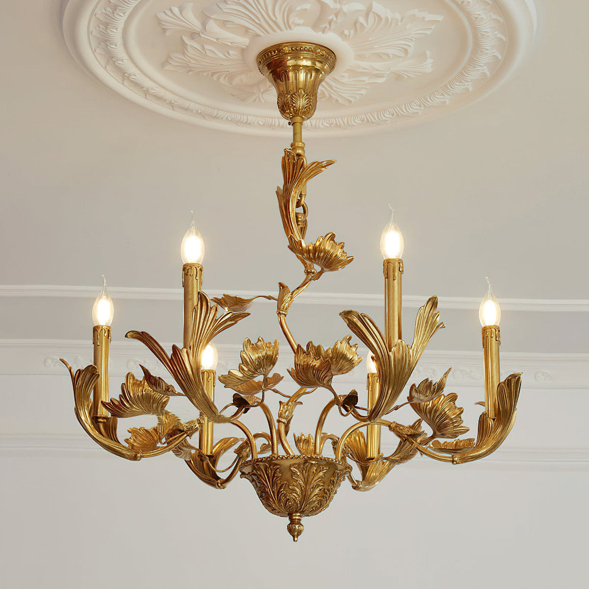 Borgia Brass Chandelier – Classical French Provincial Leaf Motif Brass Chandelier