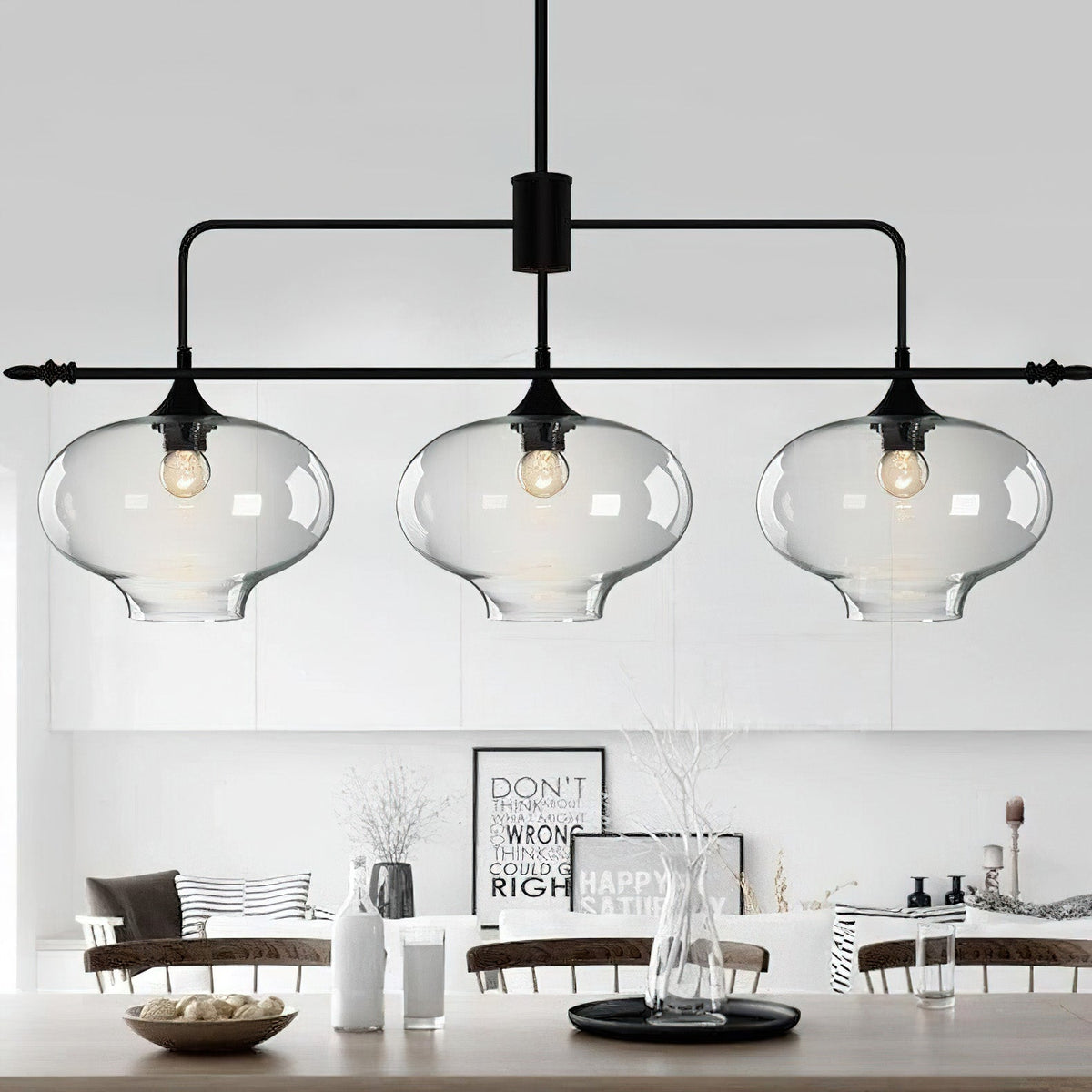 Botica Pendant Light – 3-Head Linear Clear Glass & Black Metal Suspension Fixture