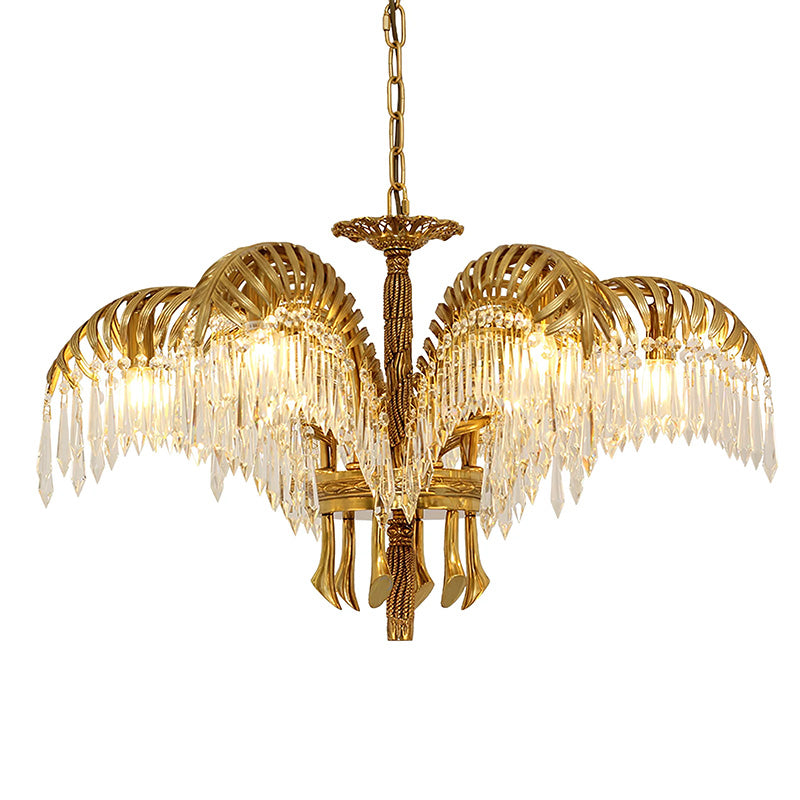 Brass Palm Leaf Crystal Chandelier - Luxury Tropical K9 Crystal Statement Light