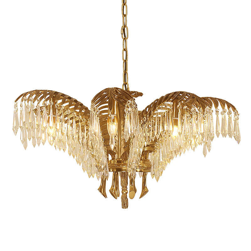 Brass Palm Leaf Crystal Chandelier - Luxury Tropical K9 Crystal Statement Light